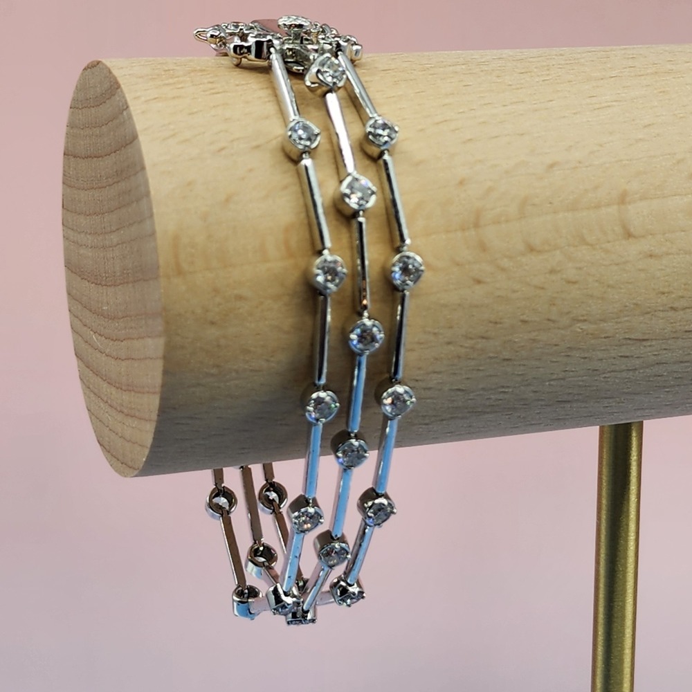 925 Sterling Silver CZ Triple Strand Bar Station Bracelet 7 in Cocktail Sparkle